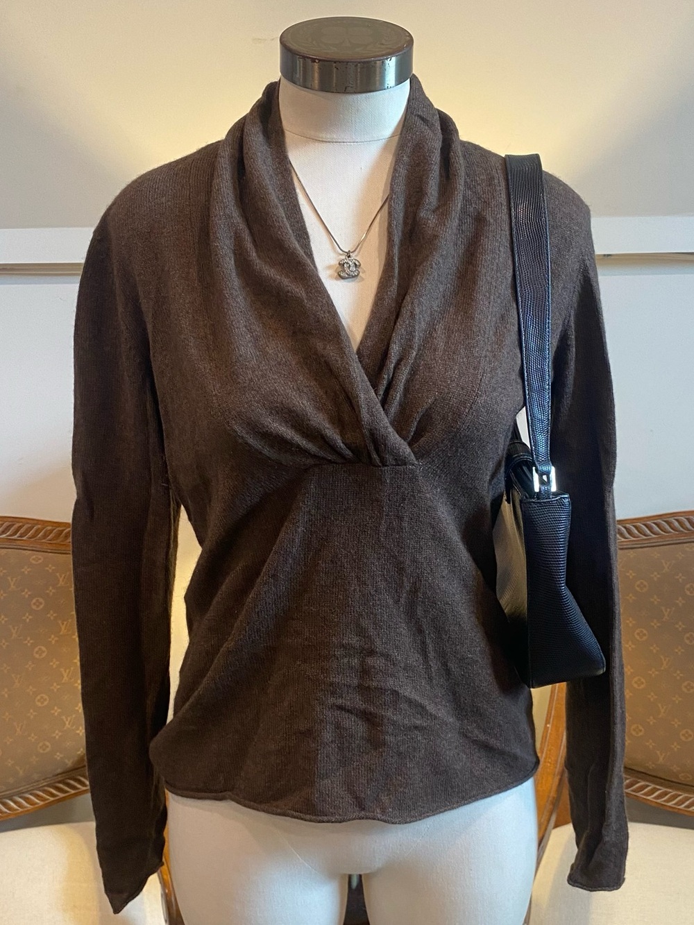 Elena Solano Brown 100% Cashmere Draped Cowl Neck Long Sleeve Babydoll Sweater M
